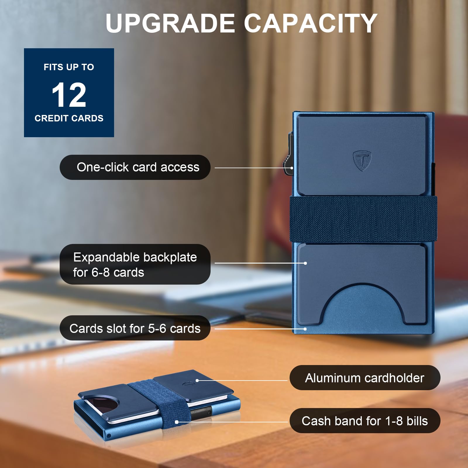 Smart Wallet for Men 12 Cards Paper Money Organiser RFID Blocking Card Wallet Utral Thin Metal Card Holder with Slid Ejector Button Quick Access to Bank Credit Card,Aluminium, Blue