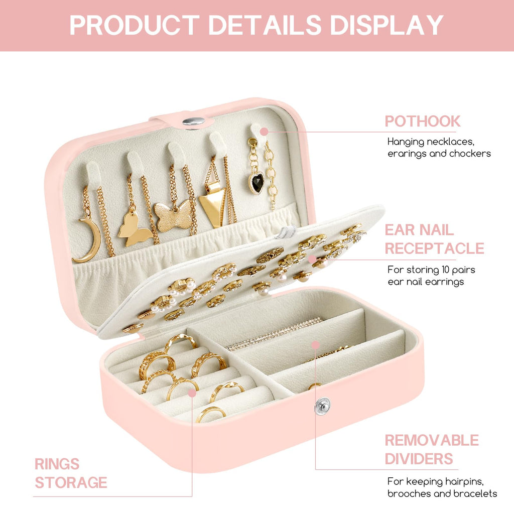 CNMTCCO Jewellery Box Small Travel Jewelry Organiser Storage Case for Necklace Rings Bracelets Earrings Premium Faux PU Leather Jewellery Gift Box Girls Women (Pink)