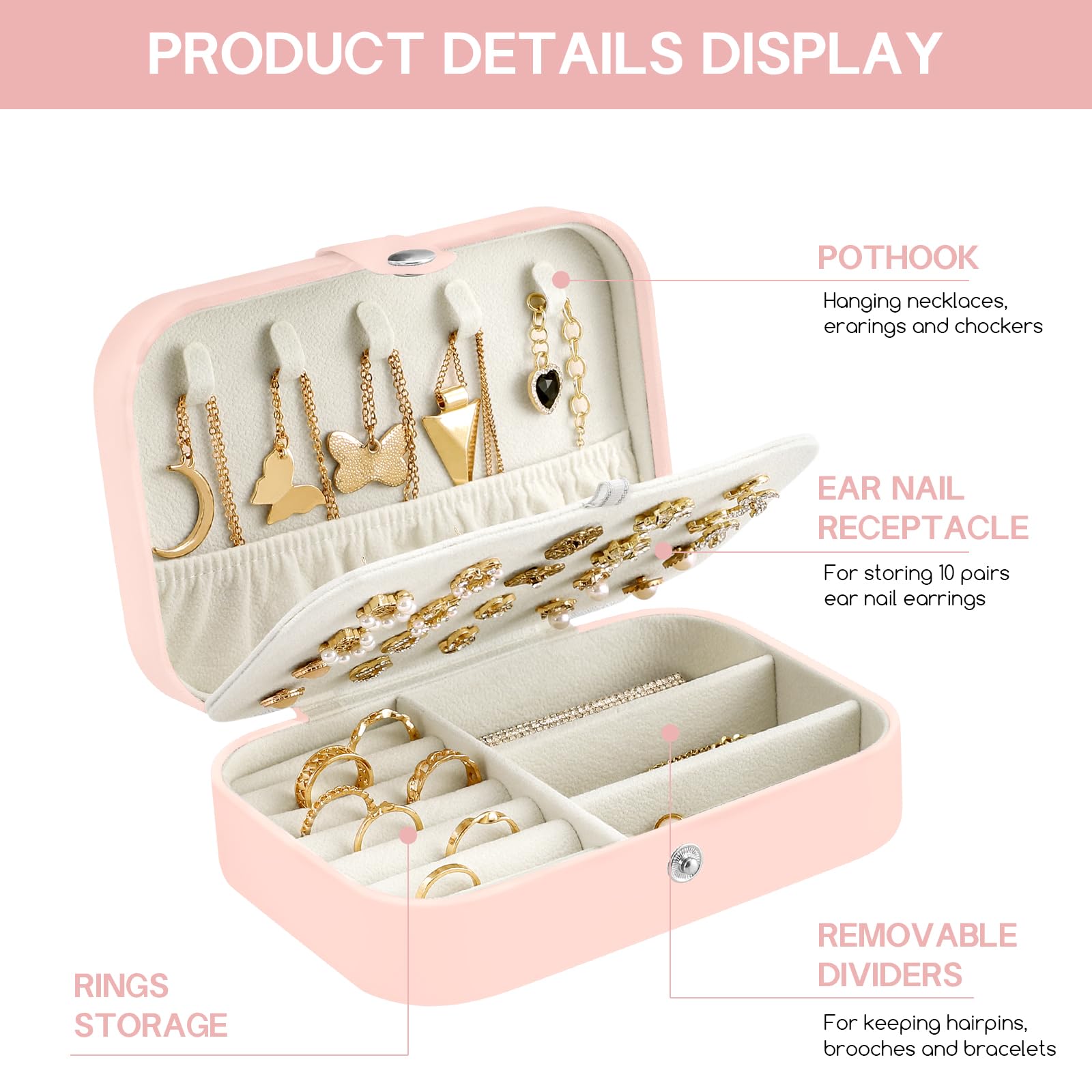 CNMTCCO Jewellery Box Small Travel Jewelry Organiser Storage Case for Necklace Rings Bracelets Earrings Premium Faux PU Leather Jewellery Gift Box Girls Women (Pink)