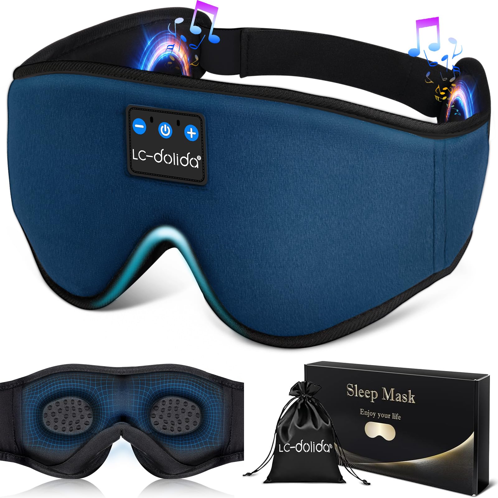 LC-dolida Bluetooth Sleep Mask Headphones Complete Blackout 3D Deep Eye Mask with Headphones Bluetooth V5.4 Can Play 15Hrs Breathable Eye mask with Earphones for Travel,Nap Sleeping,Shift Work