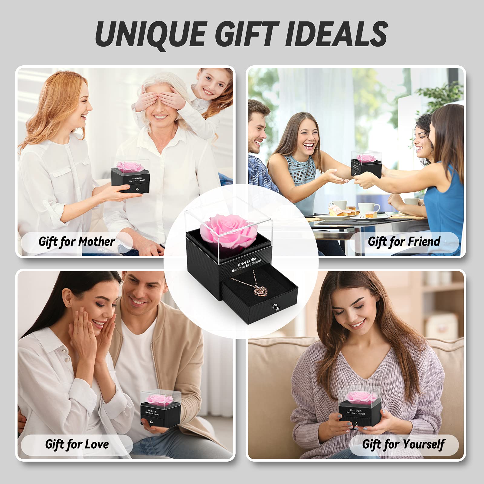 Preserved Real Rose Gift Box with I Love You Necklace, Handmade Eternal Rose Flower Gifts for Mum Mother Women Wife Girlfriend Her on Mothers Day, Birthday, Anniversary, Valentines Day, Christmas