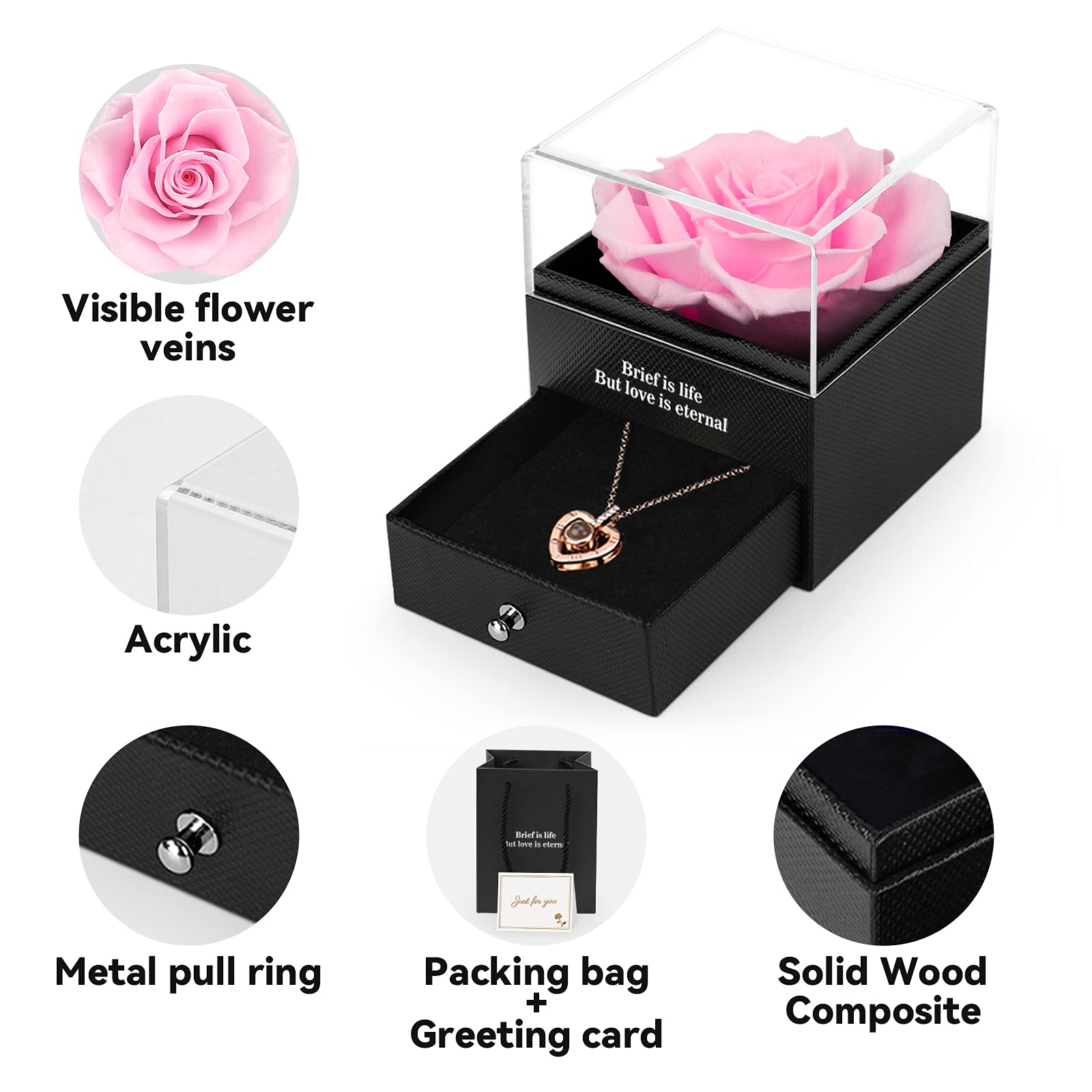 Preserved Real Rose Gift Box with I Love You Necklace, Handmade Eternal Rose Flower Gifts for Mum Mother Women Wife Girlfriend Her on Mothers Day, Birthday, Anniversary, Valentines Day, Christmas
