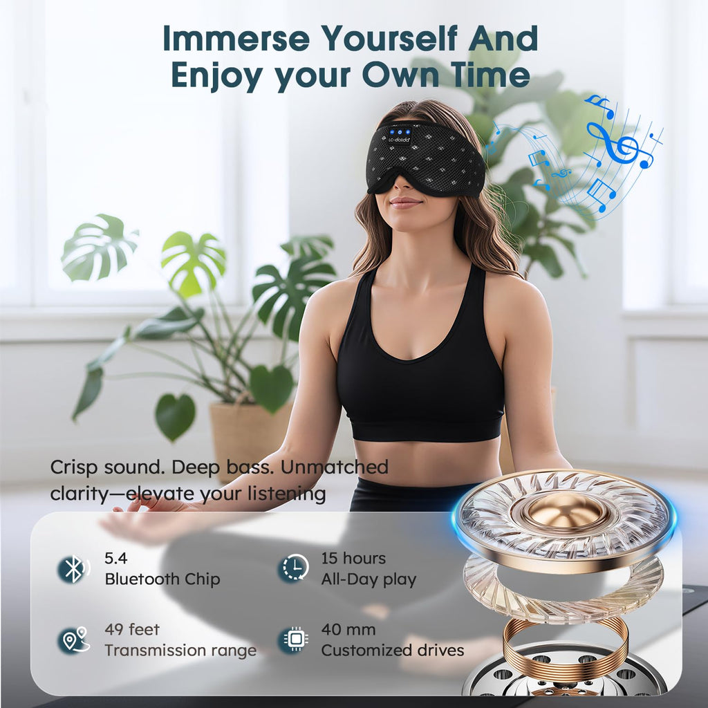 LC-dolida Bluetooth Sleep Mask Headphones Complete Blackout 3D Deep Eye Mask with Headphones Bluetooth V5.4 Can Play 15Hrs Breathable Eye mask with Earphones for Travel,Nap Sleeping,Shift Work
