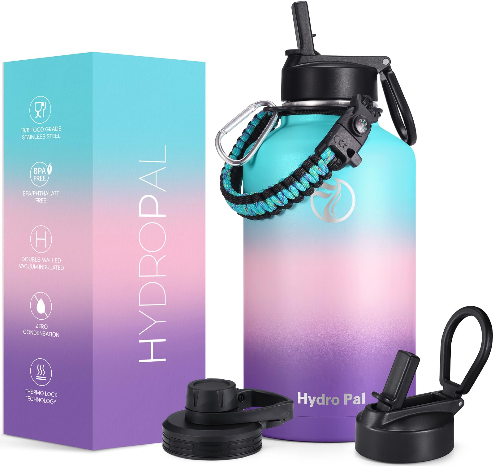 HydroPal Vacuum Insulated Water Bottle 1200ml/1000ml/750ml/500ml, 2 Lids (Straw & Spout), 12H Hot 24H Cold, BPA Free Stainless Steel Bottle, Leakproof Sports Water Bottle for Gym, Travel, Work