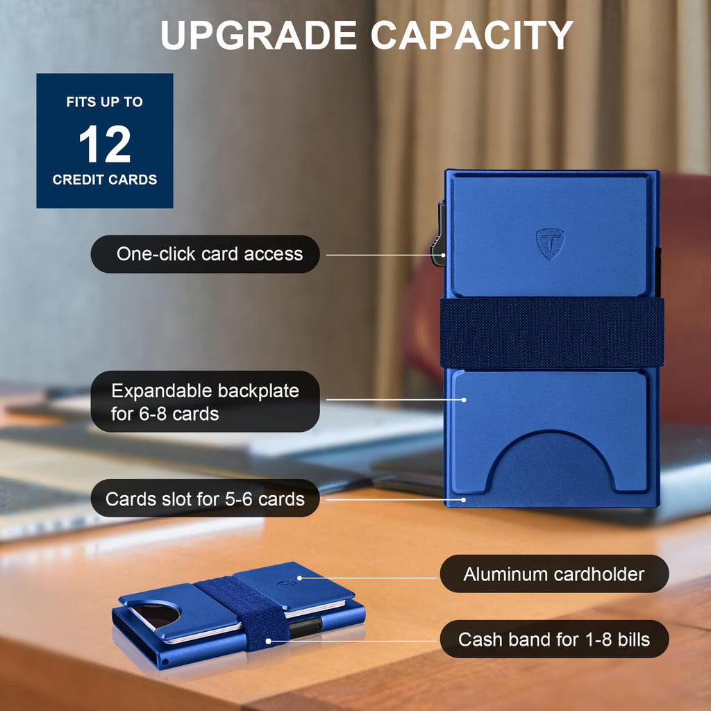 Smart Wallet for Men 12 Cards Paper Money Organiser RFID Blocking Card Wallet Utral Thin Metal Card Holder with Slid Ejector Button Quick Access to Bank Credit Card,Aluminium, Blue