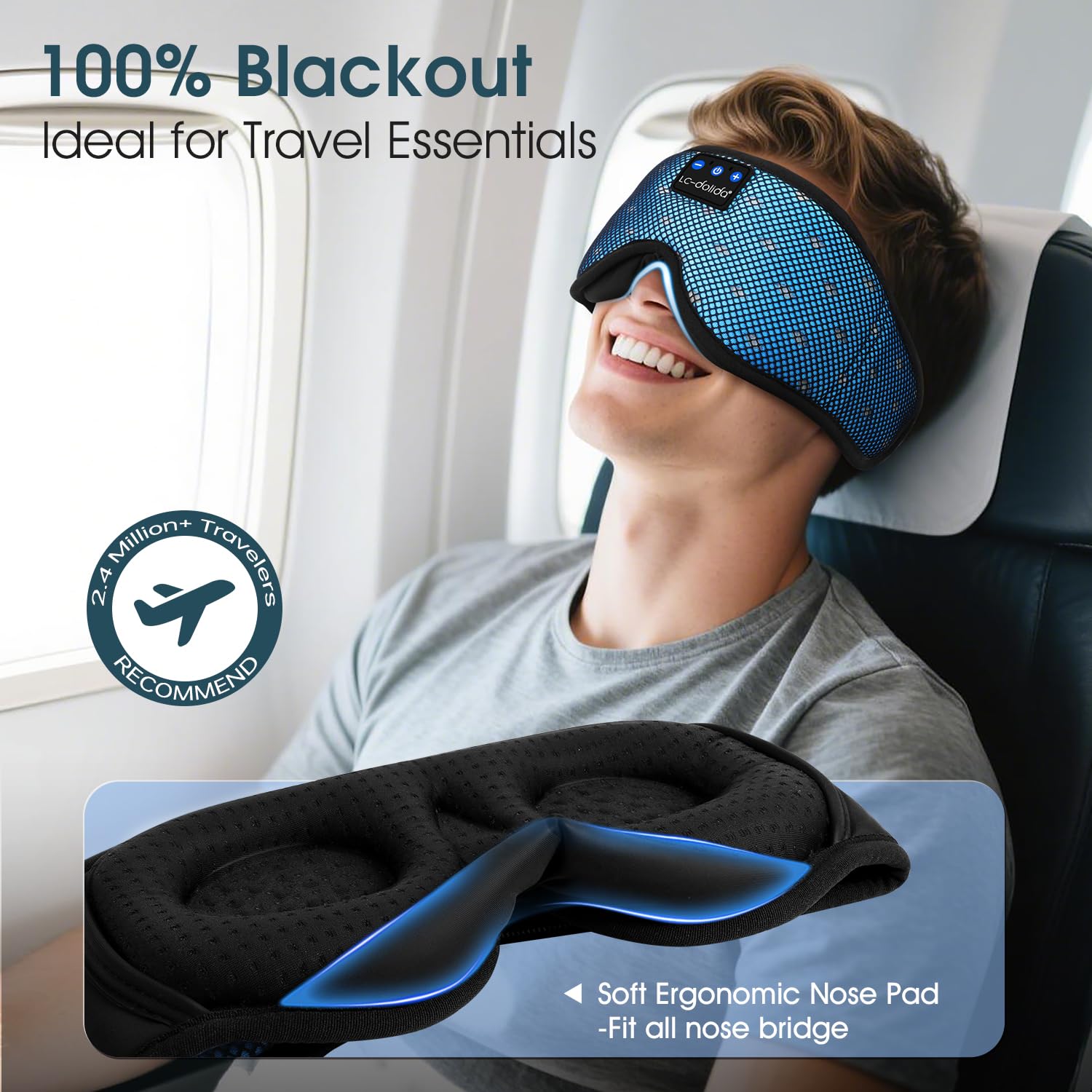 LC-dolida Bluetooth Sleep Mask Headphones Complete Blackout 3D Deep Eye Mask with Headphones Bluetooth V5.4 Can Play 15Hrs Breathable Eye mask with Earphones for Travel,Nap Sleeping,Shift Work