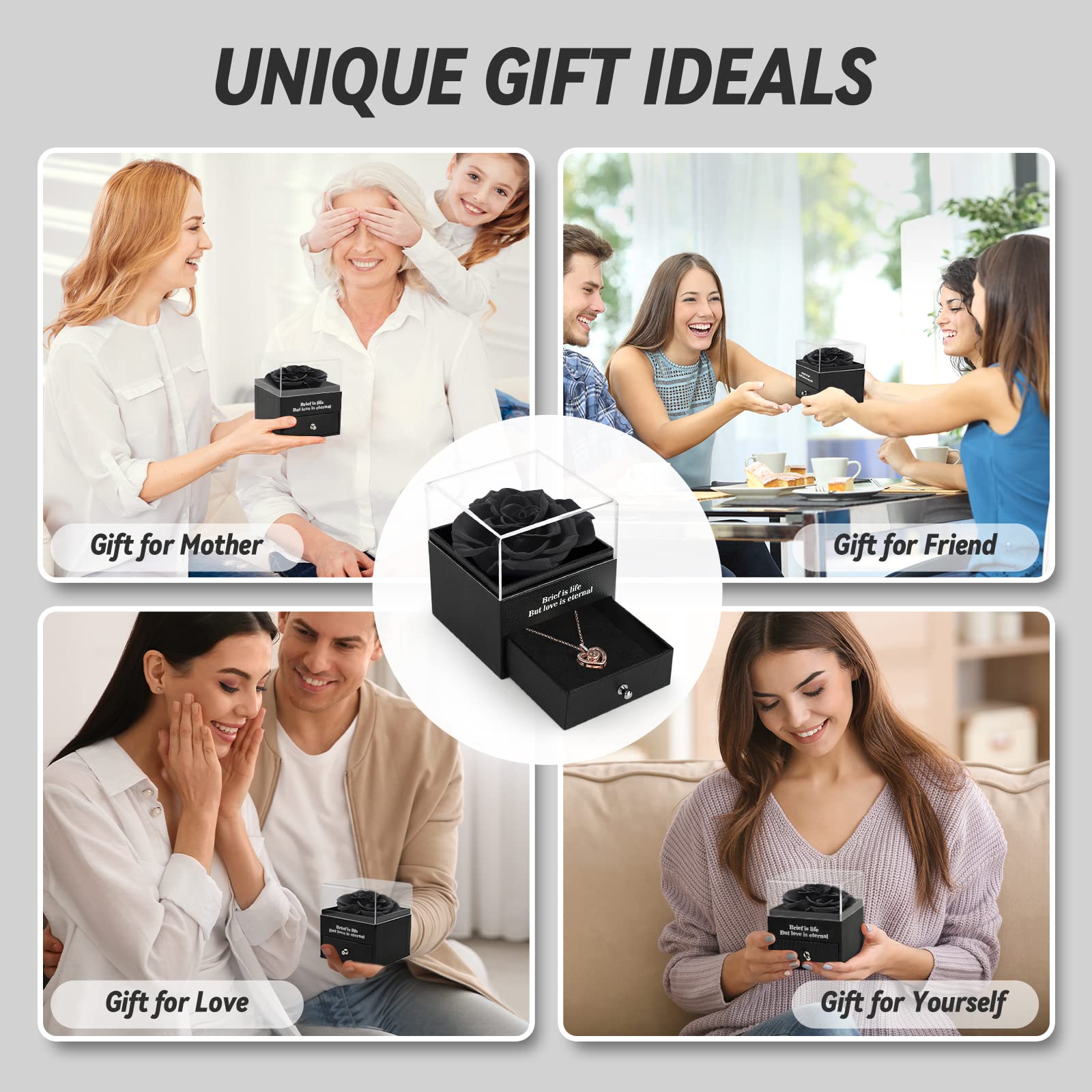 Preserved Real Rose Gift Box with I Love You Necklace, Handmade Eternal Rose Flower Gifts for Mum Mother Women Wife Girlfriend Her on Mothers Day, Birthday, Anniversary, Valentines Day, Christmas