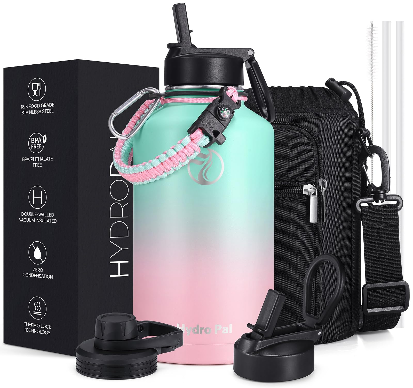 HydroPal Vacuum Insulated Water Bottle 1200ml/1000ml/750ml/500ml, 2 Lids (Straw & Spout), 12H Hot 24H Cold, BPA Free Stainless Steel Bottle, Leakproof Sports Water Bottle for Gym, Travel, Work