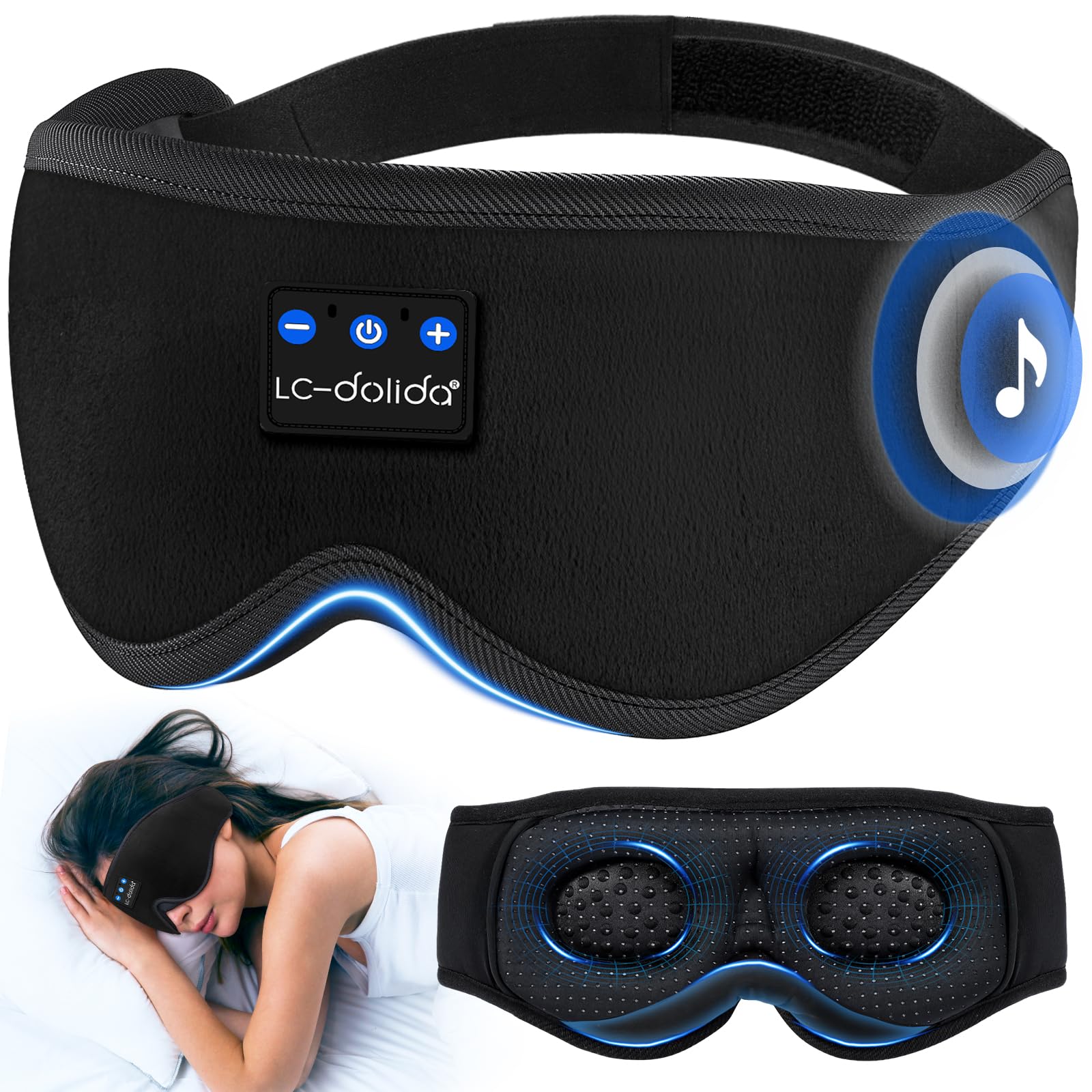 LC-dolida Bluetooth Sleep Mask Headphones Complete Blackout 3D Deep Eye Mask with Headphones Bluetooth V5.4 Can Play 15Hrs Breathable Eye mask with Earphones for Travel,Nap Sleeping,Shift Work
