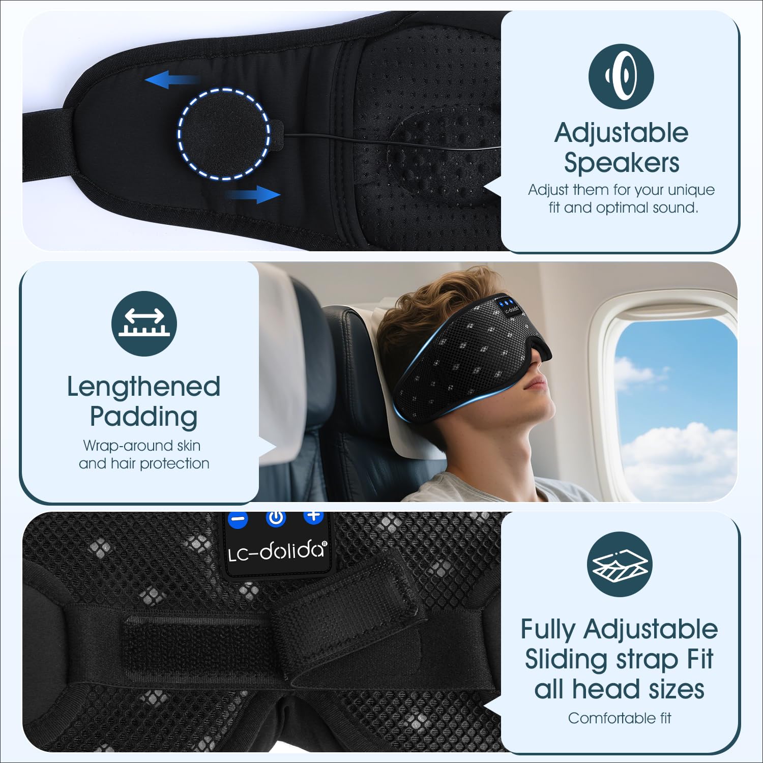 LC-dolida Bluetooth Sleep Mask Headphones Complete Blackout 3D Deep Eye Mask with Headphones Bluetooth V5.4 Can Play 15Hrs Breathable Eye mask with Earphones for Travel,Nap Sleeping,Shift Work
