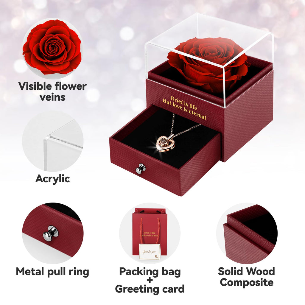 Preserved Real Rose Gift Box with I Love You Necklace, Handmade Eternal Rose Flower Gifts for Mum Mother Women Wife Girlfriend Her on Mothers Day, Birthday, Anniversary, Valentines Day, Christmas