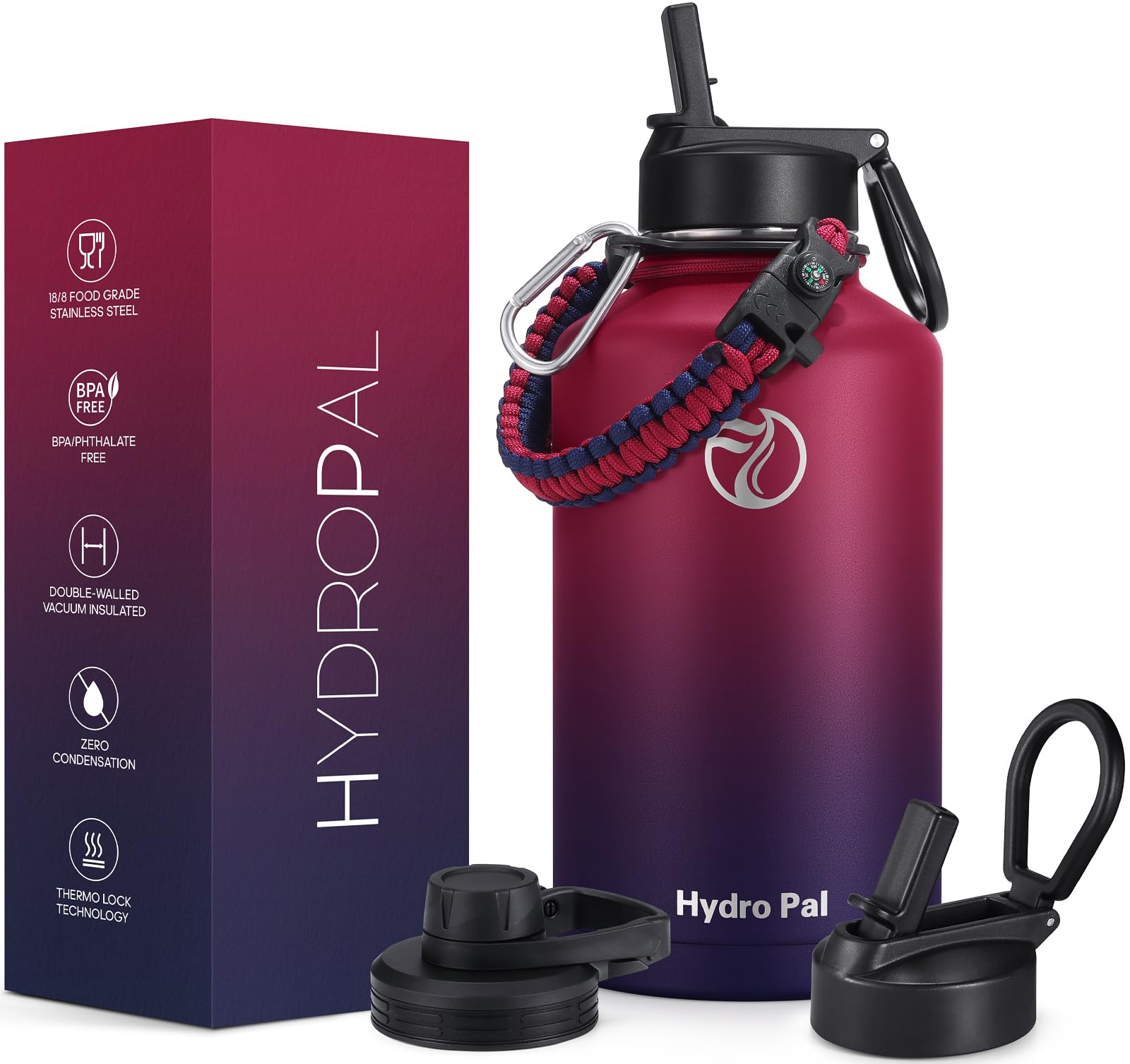 HydroPal Vacuum Insulated Water Bottle 1200ml/1000ml/750ml/500ml, 2 Lids (Straw & Spout), 12H Hot 24H Cold, BPA Free Stainless Steel Bottle, Leakproof Sports Water Bottle for Gym, Travel, Work