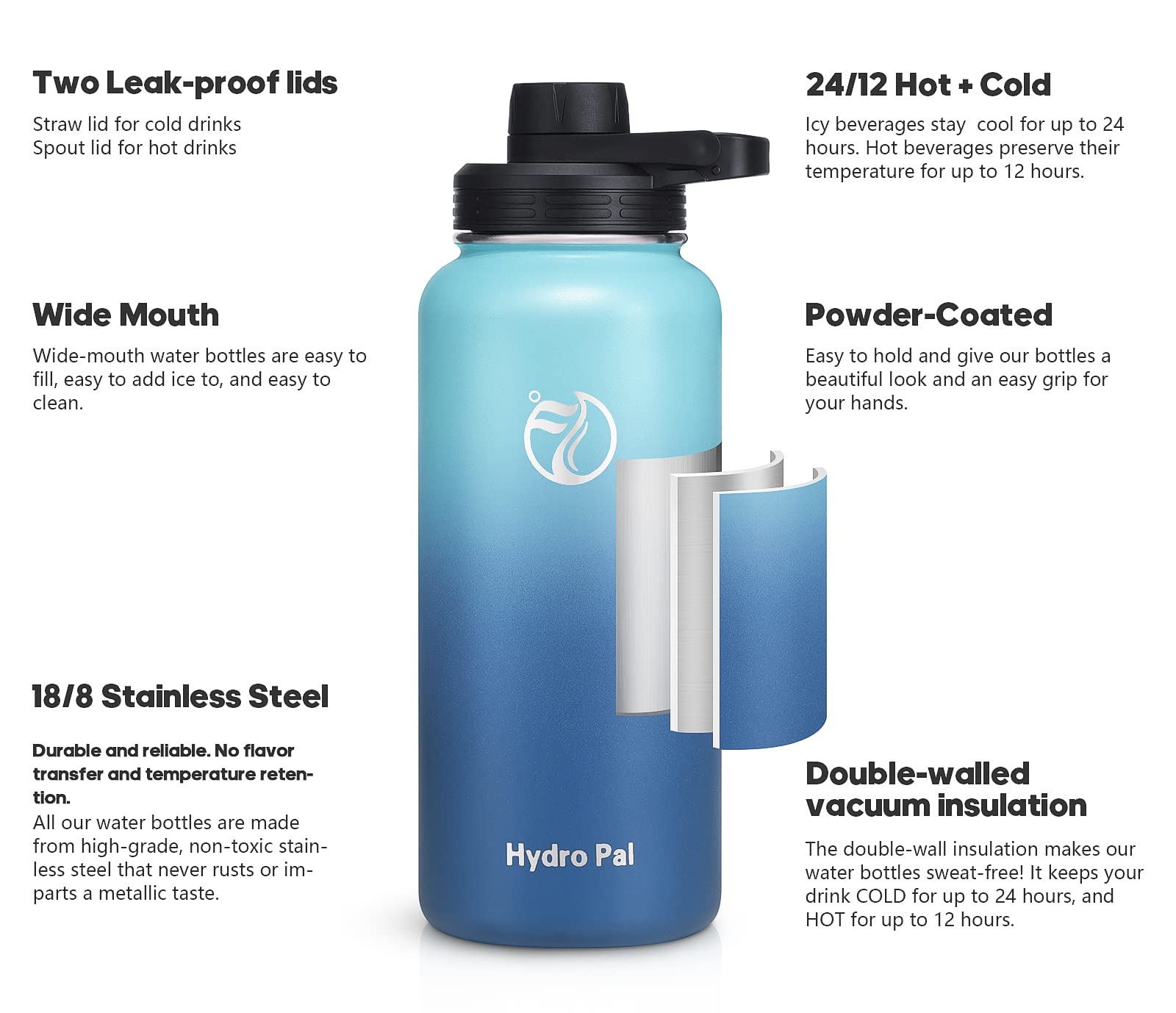 HydroPal Vacuum Insulated Water Bottle 1200ml/1000ml/750ml/500ml, 2 Lids (Straw & Spout), 12H Hot 24H Cold, BPA Free Stainless Steel Bottle, Leakproof Sports Water Bottle for Gym, Travel, Work
