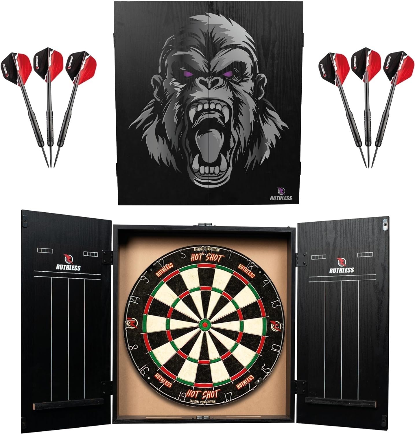 Ruthless Home Darts Centre With or Without LED Light Options | Home Dart Board Centre Including Cabinet, Dartboard and 2 Sets of Darts (USB)