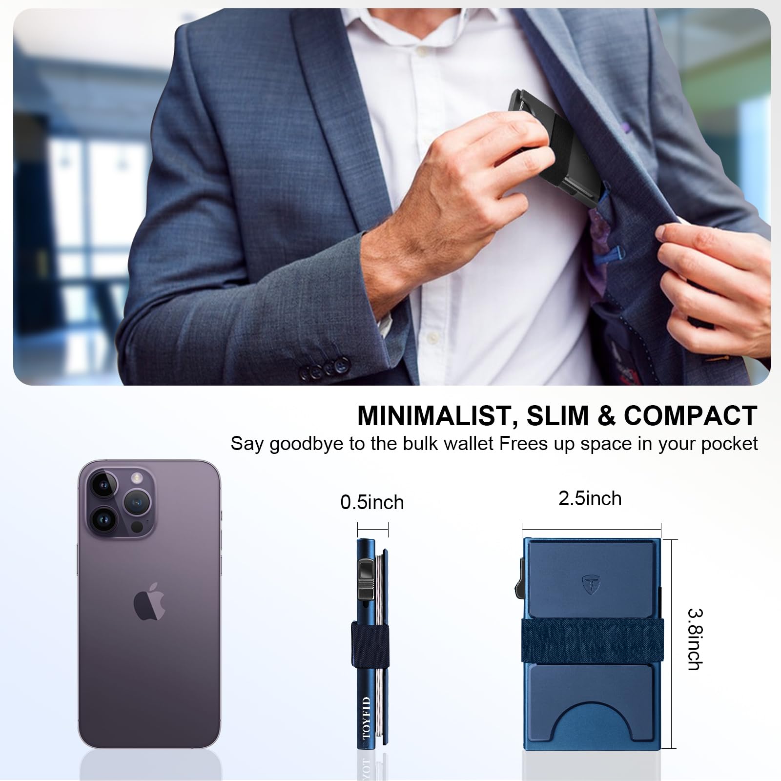 Smart Wallet for Men 12 Cards Paper Money Organiser RFID Blocking Card Wallet Utral Thin Metal Card Holder with Slid Ejector Button Quick Access to Bank Credit Card,Aluminium, Blue