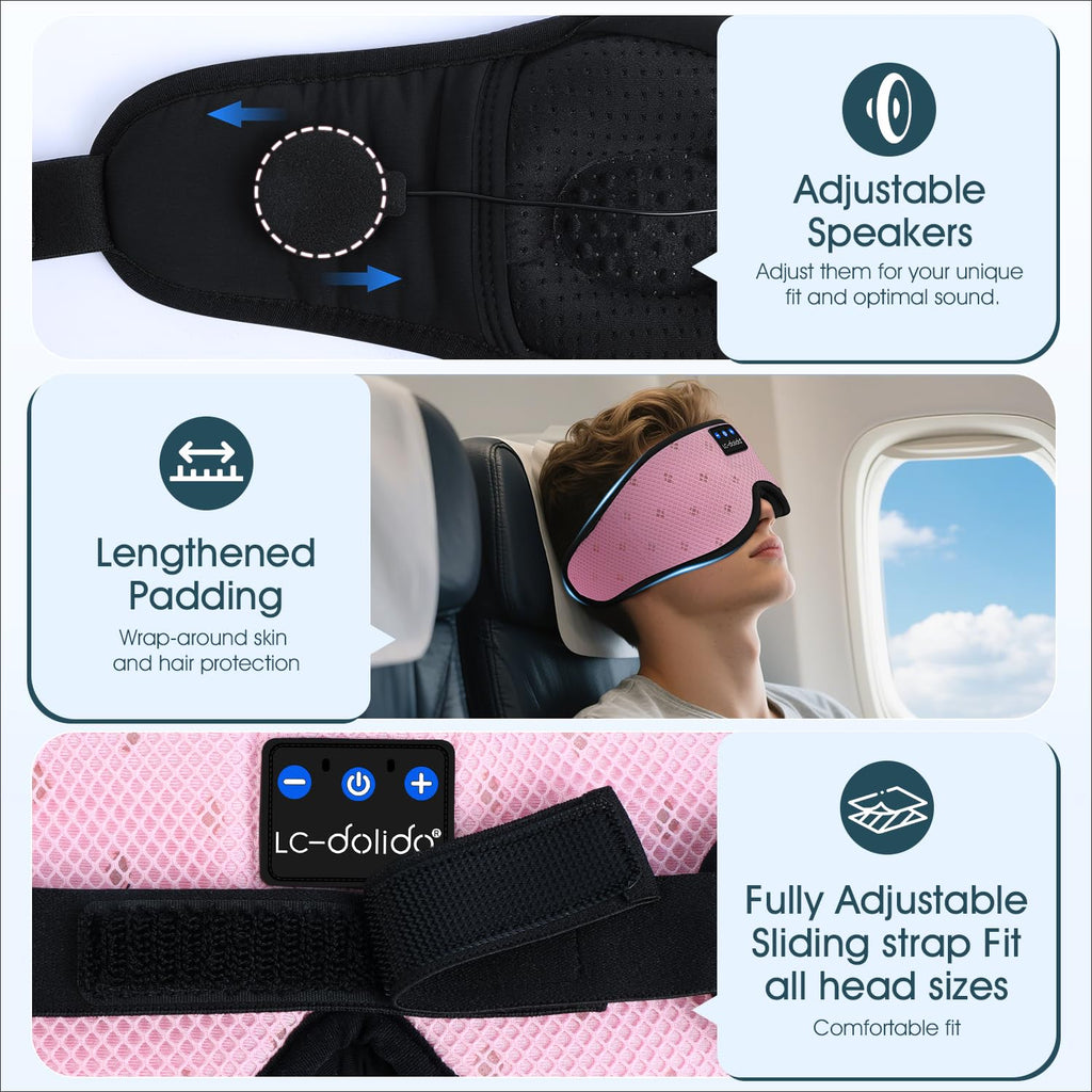 LC-dolida Bluetooth Sleep Mask Headphones Complete Blackout 3D Deep Eye Mask with Headphones Bluetooth V5.4 Can Play 15Hrs Breathable Eye mask with Earphones for Travel,Nap Sleeping,Shift Work