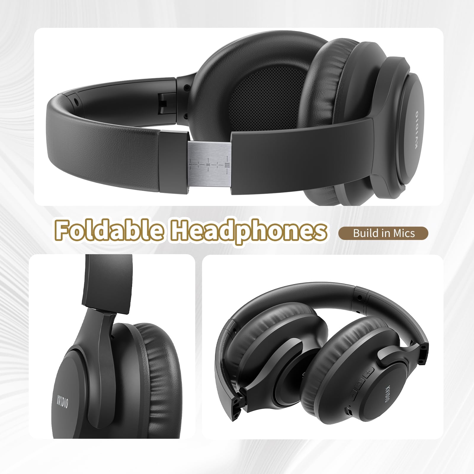 KVIDIO Bluetooth Headphones Over Ear, 55 Hours Playtime Wireless Headphones with Microphone, Foldable Lightweight Headset with Deep Bass,HiFi Stereo Sound for Travel Work PC Cellphone (Black)
