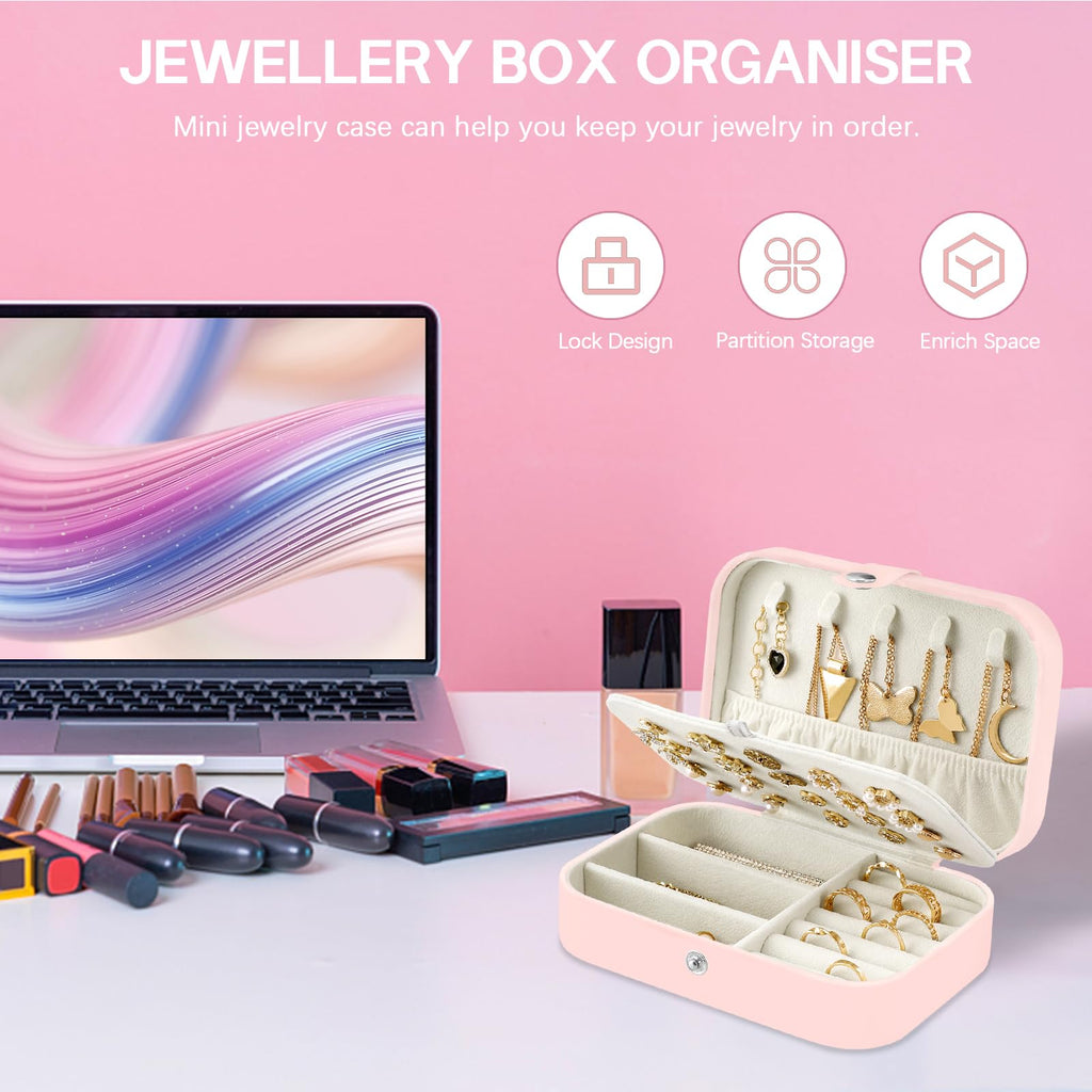 CNMTCCO Jewellery Box Small Travel Jewelry Organiser Storage Case for Necklace Rings Bracelets Earrings Premium Faux PU Leather Jewellery Gift Box Girls Women (Pink)