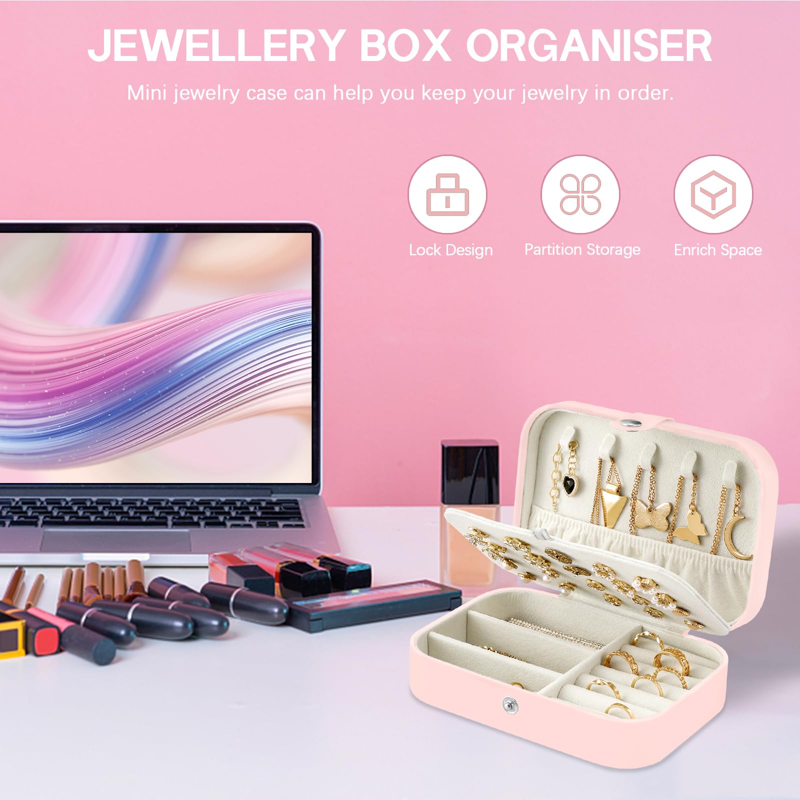 CNMTCCO Jewellery Box Small Travel Jewelry Organiser Storage Case for Necklace Rings Bracelets Earrings Premium Faux PU Leather Jewellery Gift Box Girls Women (Pink)