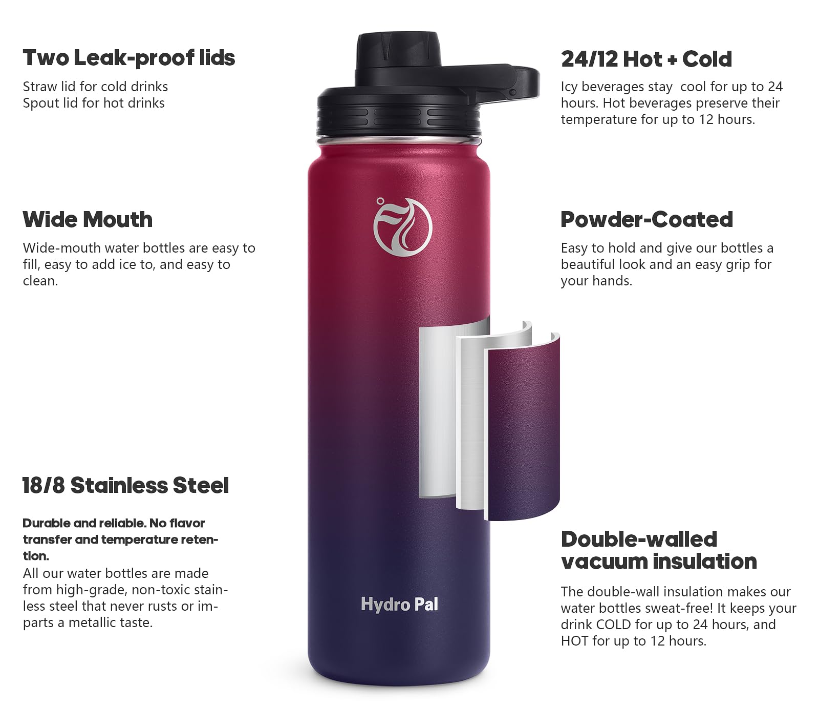 HydroPal Vacuum Insulated Water Bottle 1200ml/1000ml/750ml/500ml, 2 Lids (Straw & Spout), 12H Hot 24H Cold, BPA Free Stainless Steel Bottle, Leakproof Sports Water Bottle for Gym, Travel, Work