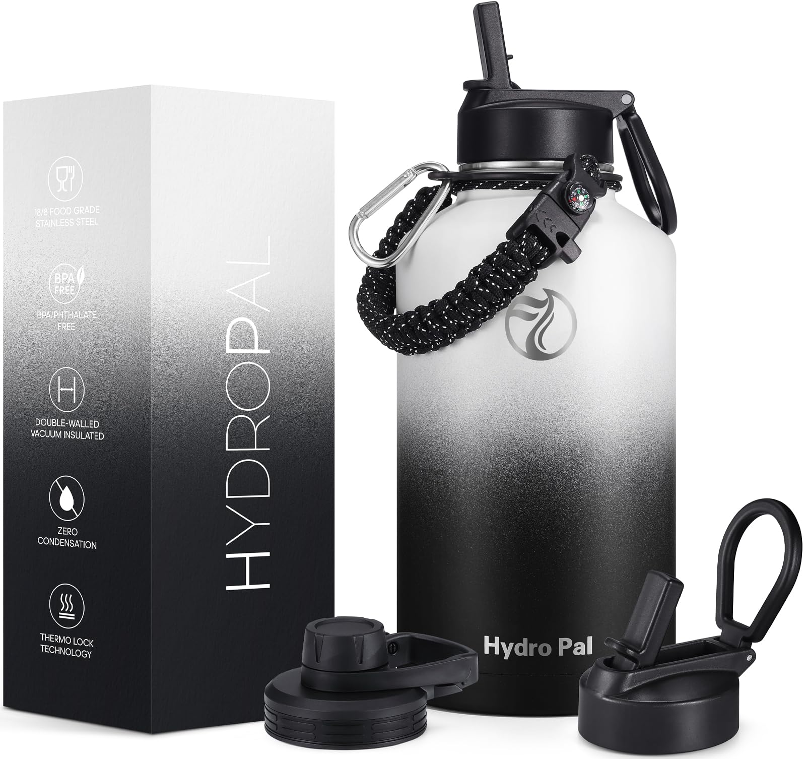 HydroPal Vacuum Insulated Water Bottle 1200ml/1000ml/750ml/500ml, 2 Lids (Straw & Spout), 12H Hot 24H Cold, BPA Free Stainless Steel Bottle, Leakproof Sports Water Bottle for Gym, Travel, Work