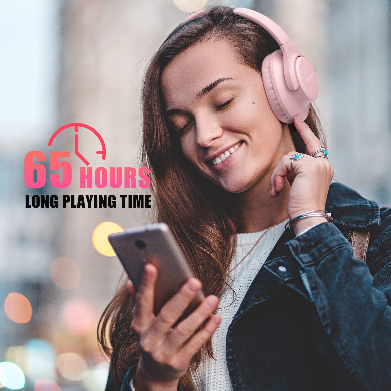 KVIDIO Bluetooth Headphones Over Ear, 55 Hours Playtime Wireless Headphones with Microphone, Foldable Lightweight Headset with Deep Bass,HiFi Stereo Sound for Travel Work PC Cellphone (Black)