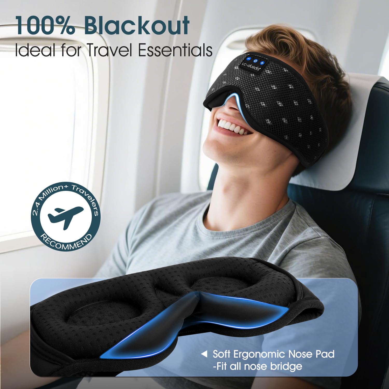 LC-dolida Bluetooth Sleep Mask Headphones Complete Blackout 3D Deep Eye Mask with Headphones Bluetooth V5.4 Can Play 15Hrs Breathable Eye mask with Earphones for Travel,Nap Sleeping,Shift Work