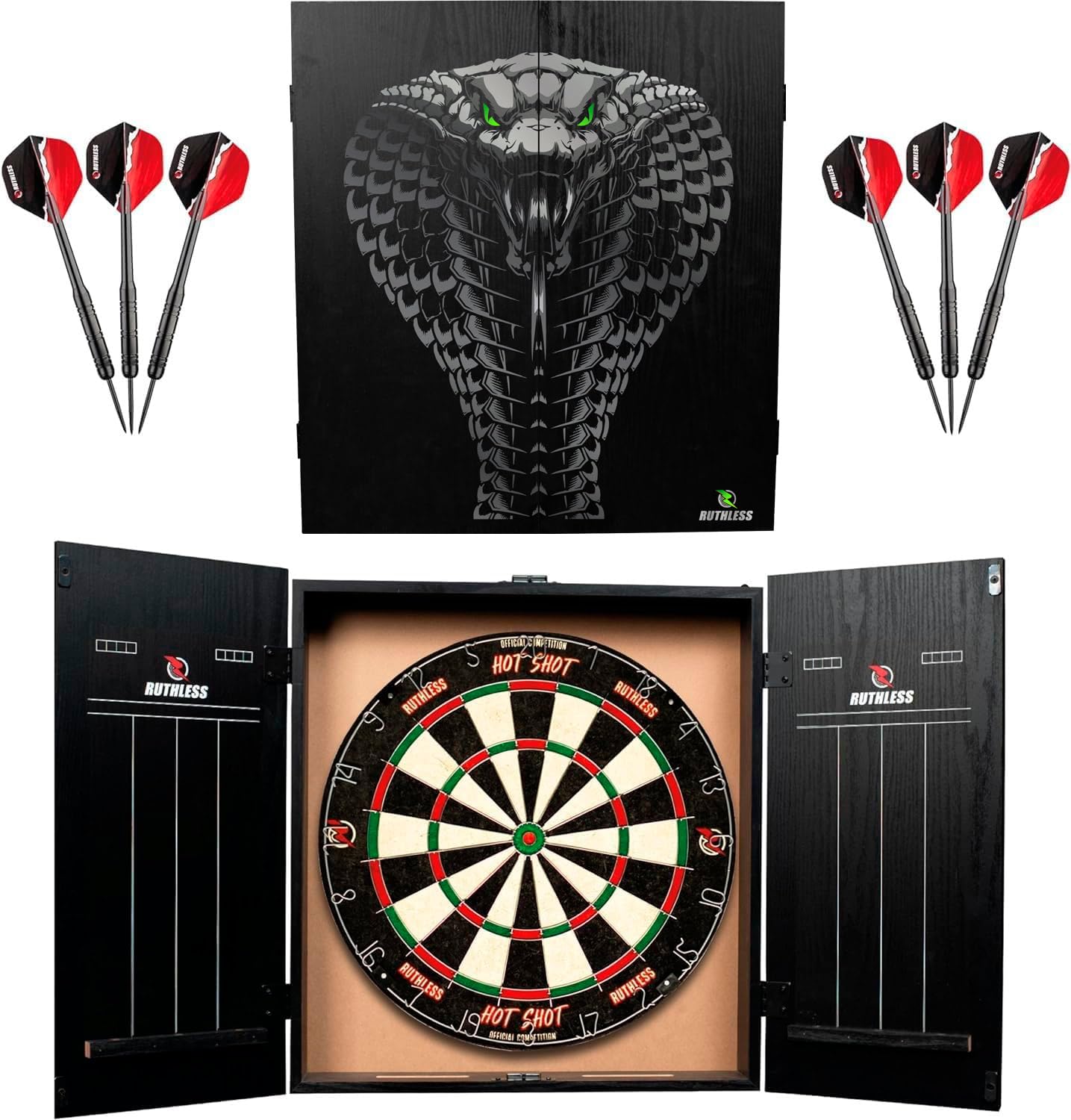 Ruthless Home Darts Centre With or Without LED Light Options | Home Dart Board Centre Including Cabinet, Dartboard and 2 Sets of Darts (USB)