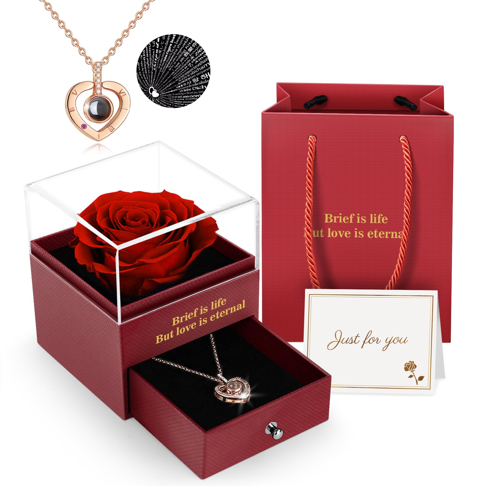 Preserved Real Rose Gift Box with I Love You Necklace, Handmade Eternal Rose Flower Gifts for Mum Mother Women Wife Girlfriend Her on Mothers Day, Birthday, Anniversary, Valentines Day, Christmas