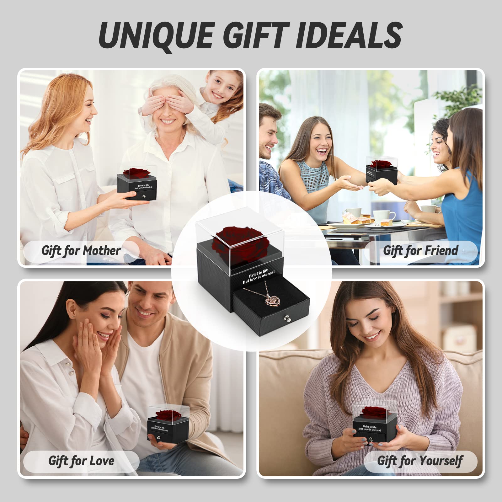 Preserved Real Rose Gift Box with I Love You Necklace, Handmade Eternal Rose Flower Gifts for Mum Mother Women Wife Girlfriend Her on Mothers Day, Birthday, Anniversary, Valentines Day, Christmas