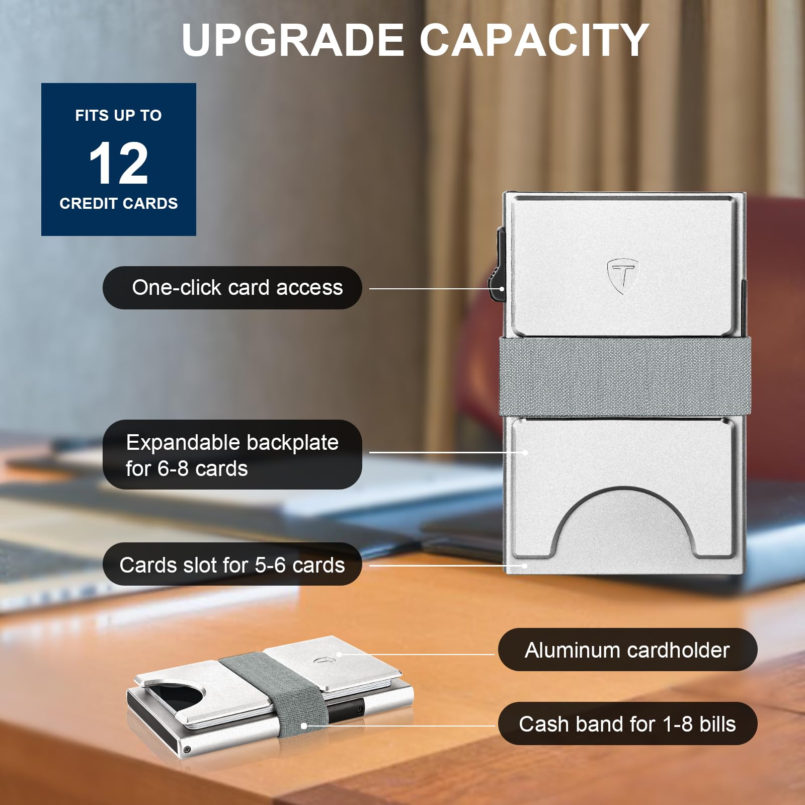 Smart Wallet for Men 12 Cards Paper Money Organiser RFID Blocking Card Wallet Utral Thin Metal Card Holder with Slid Ejector Button Quick Access to Bank Credit Card,Aluminium, Blue