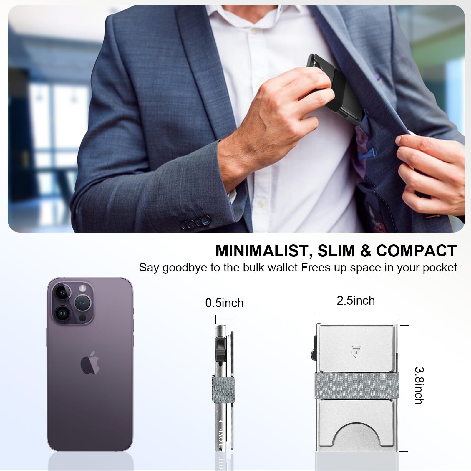 Smart Wallet for Men 12 Cards Paper Money Organiser RFID Blocking Card Wallet Utral Thin Metal Card Holder with Slid Ejector Button Quick Access to Bank Credit Card,Aluminium, Blue