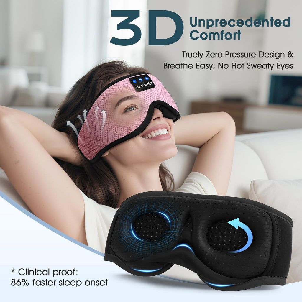 LC-dolida Bluetooth Sleep Mask Headphones Complete Blackout 3D Deep Eye Mask with Headphones Bluetooth V5.4 Can Play 15Hrs Breathable Eye mask with Earphones for Travel,Nap Sleeping,Shift Work