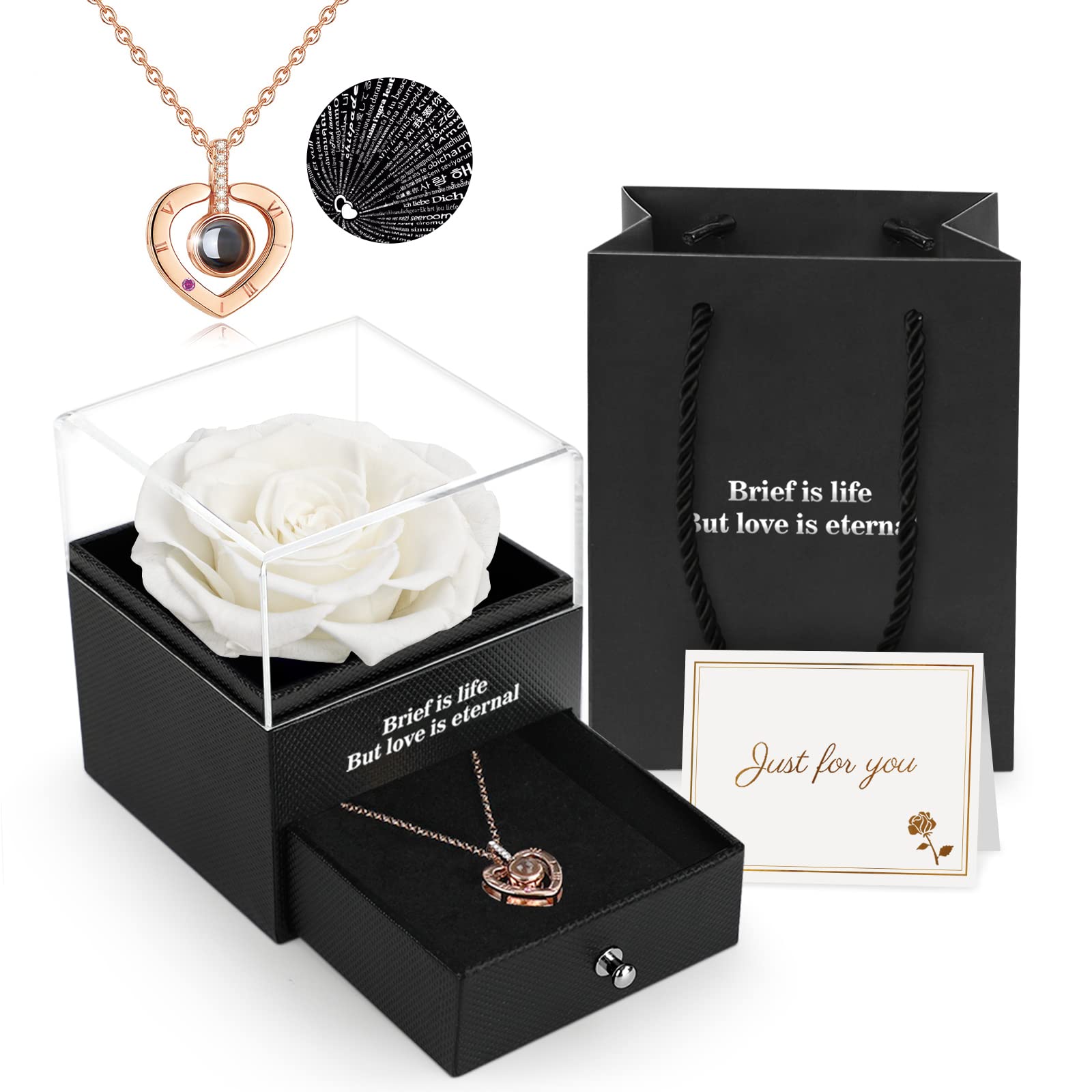 Preserved Real Rose Gift Box with I Love You Necklace, Handmade Eternal Rose Flower Gifts for Mum Mother Women Wife Girlfriend Her on Mothers Day, Birthday, Anniversary, Valentines Day, Christmas