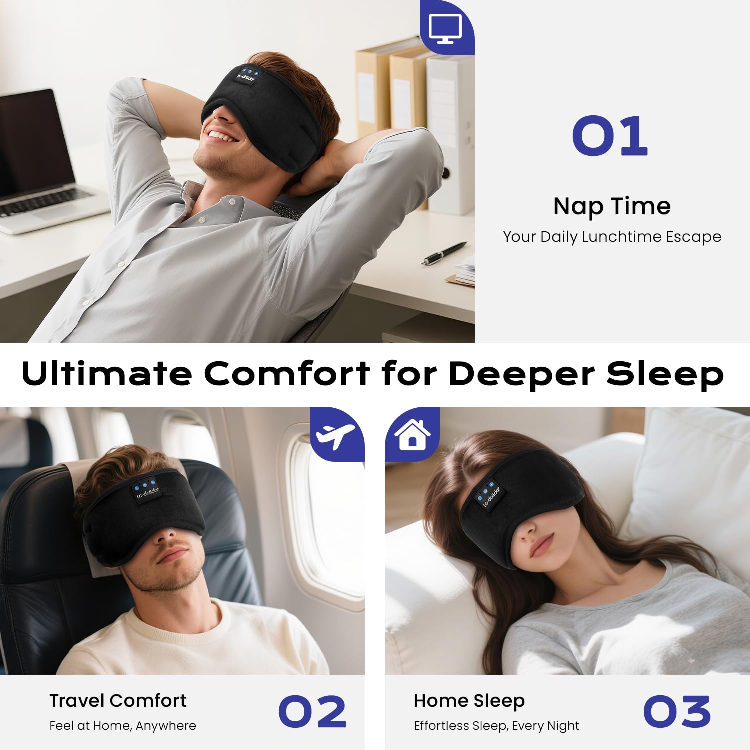 LC-dolida Bluetooth Sleep Mask Headphones Complete Blackout 3D Deep Eye Mask with Headphones Bluetooth V5.4 Can Play 15Hrs Breathable Eye mask with Earphones for Travel,Nap Sleeping,Shift Work