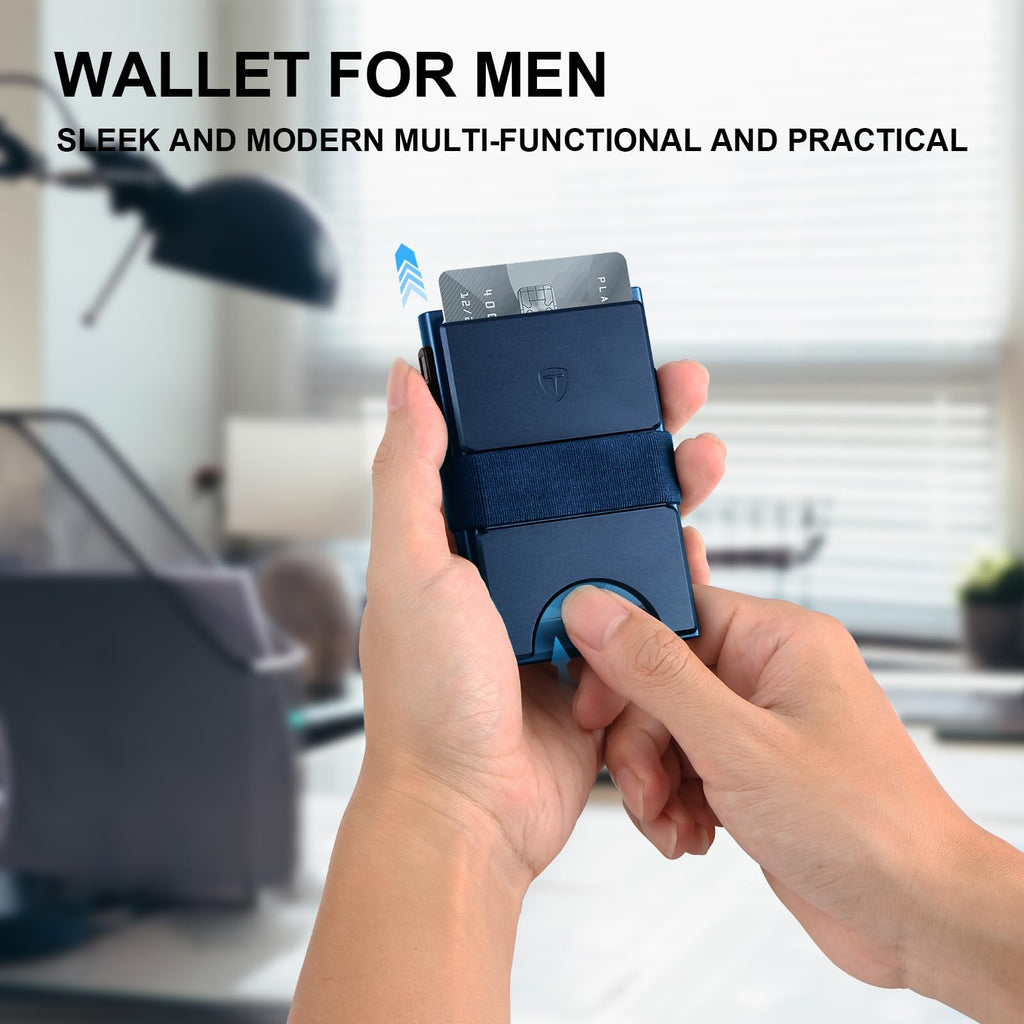 Smart Wallet for Men 12 Cards Paper Money Organiser RFID Blocking Card Wallet Utral Thin Metal Card Holder with Slid Ejector Button Quick Access to Bank Credit Card,Aluminium, Blue