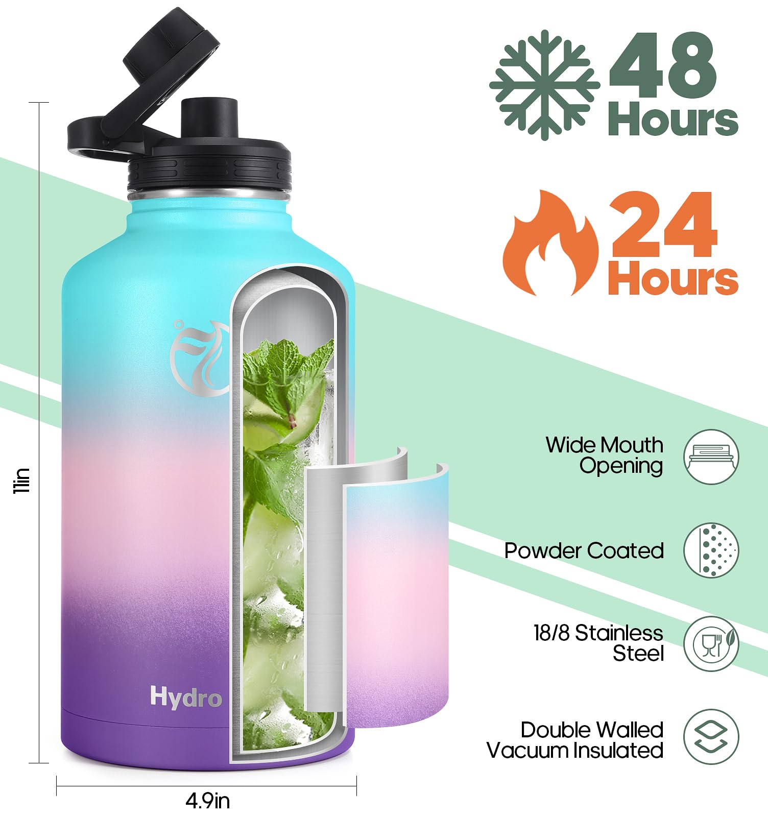 HydroPal Vacuum Insulated Water Bottle 1200ml/1000ml/750ml/500ml, 2 Lids (Straw & Spout), 12H Hot 24H Cold, BPA Free Stainless Steel Bottle, Leakproof Sports Water Bottle for Gym, Travel, Work