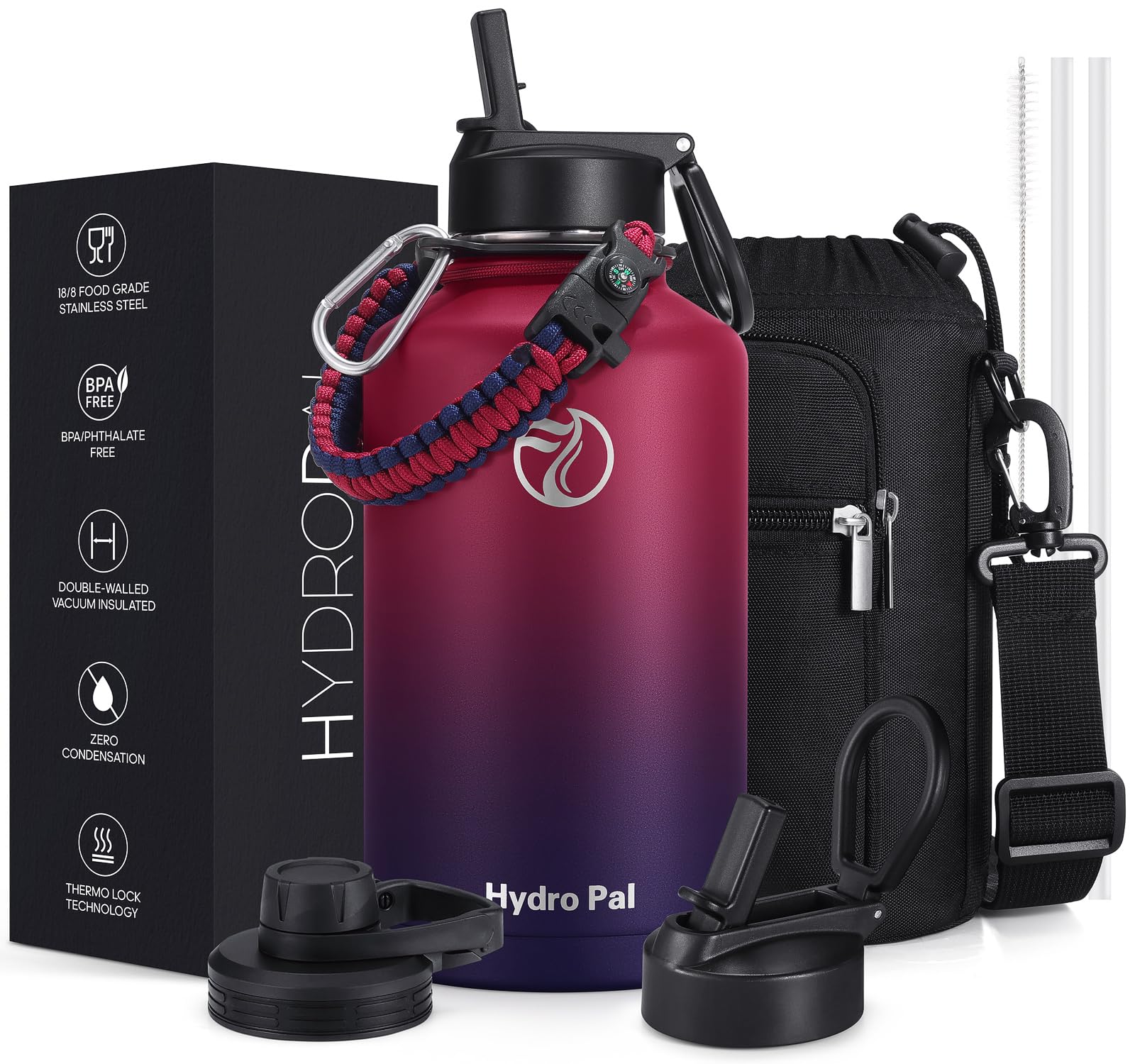 HydroPal Vacuum Insulated Water Bottle 1200ml/1000ml/750ml/500ml, 2 Lids (Straw & Spout), 12H Hot 24H Cold, BPA Free Stainless Steel Bottle, Leakproof Sports Water Bottle for Gym, Travel, Work