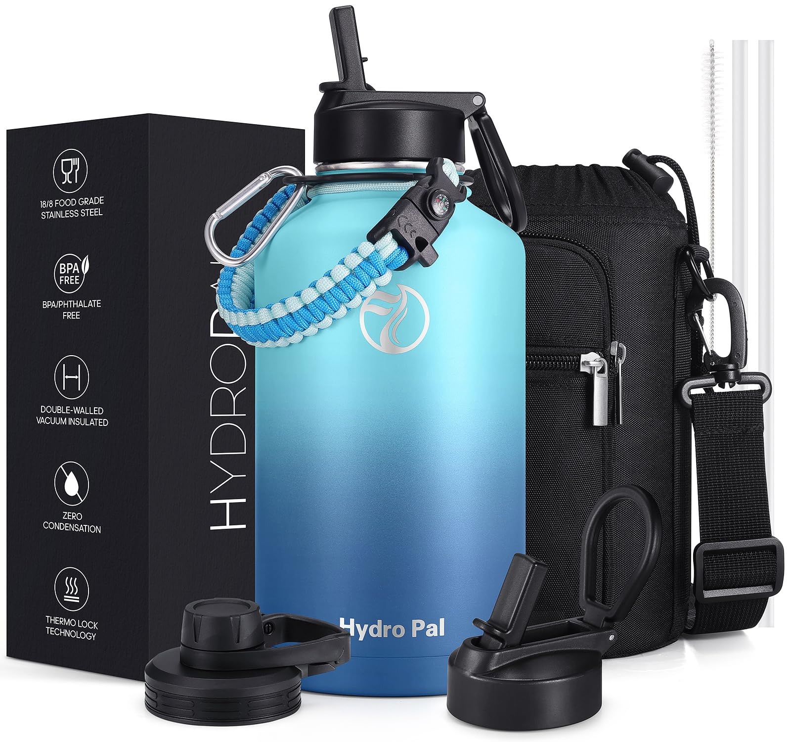 HydroPal Vacuum Insulated Water Bottle 1200ml/1000ml/750ml/500ml, 2 Lids (Straw & Spout), 12H Hot 24H Cold, BPA Free Stainless Steel Bottle, Leakproof Sports Water Bottle for Gym, Travel, Work