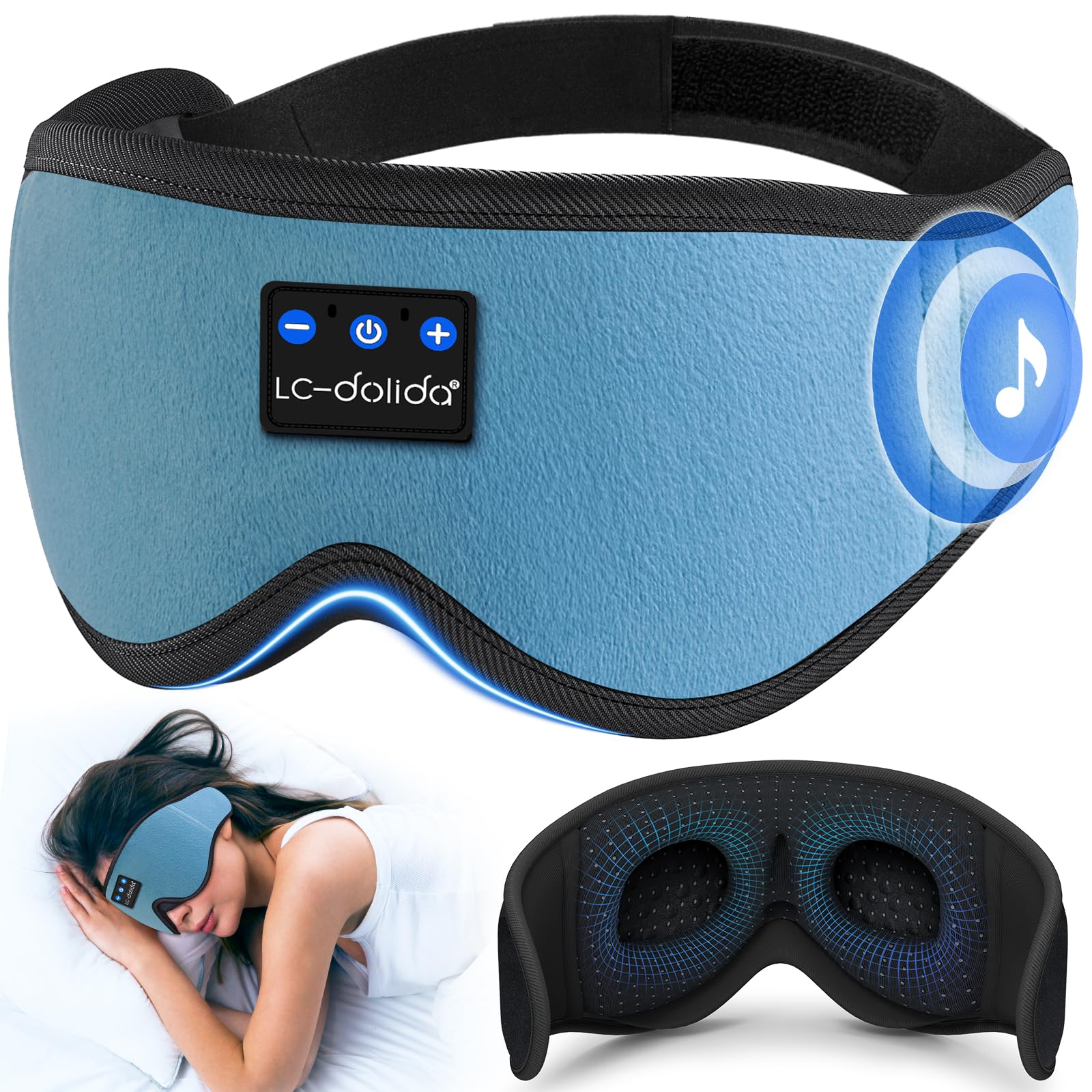 LC-dolida Bluetooth Sleep Mask Headphones Complete Blackout 3D Deep Eye Mask with Headphones Bluetooth V5.4 Can Play 15Hrs Breathable Eye mask with Earphones for Travel,Nap Sleeping,Shift Work