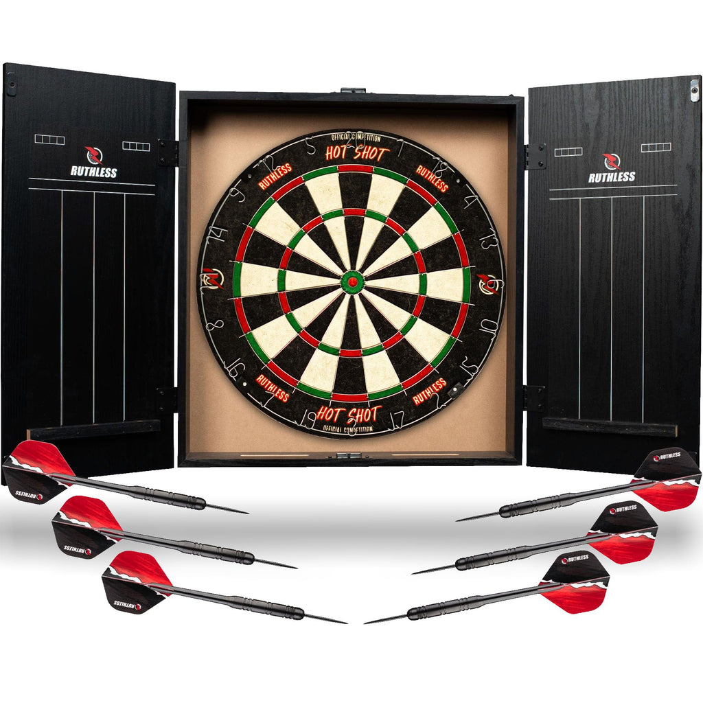 Ruthless Home Darts Centre With or Without LED Light Options | Home Dart Board Centre Including Cabinet, Dartboard and 2 Sets of Darts (USB)