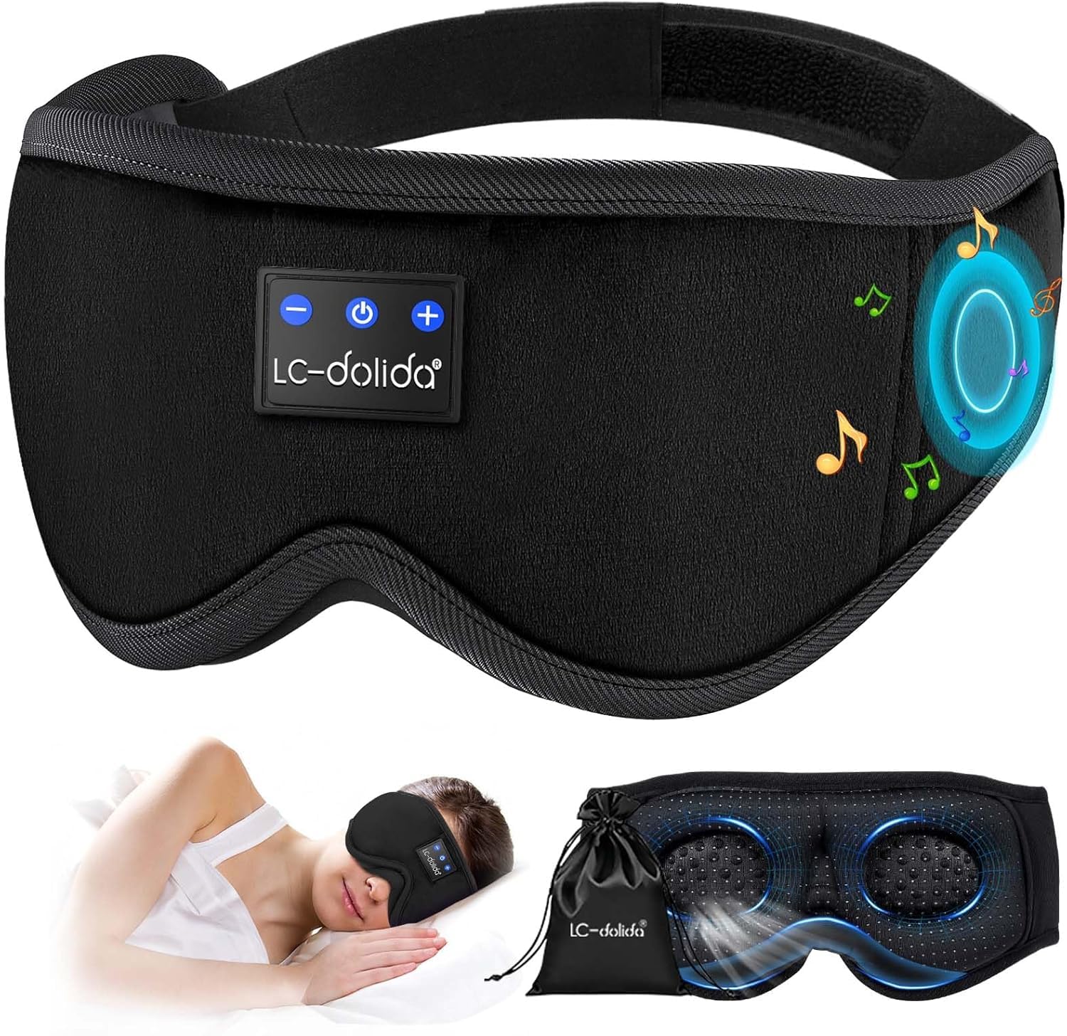 LC-dolida Bluetooth Sleep Mask Headphones Complete Blackout 3D Deep Eye Mask with Headphones Bluetooth V5.4 Can Play 15Hrs Breathable Eye mask with Earphones for Travel,Nap Sleeping,Shift Work