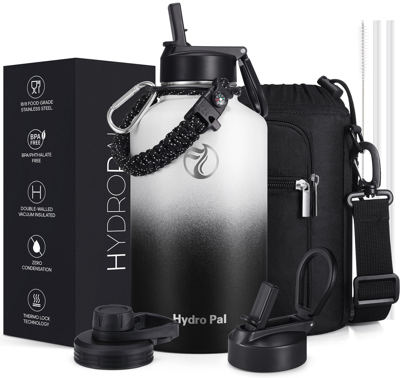 HydroPal Vacuum Insulated Water Bottle 1200ml/1000ml/750ml/500ml, 2 Lids (Straw & Spout), 12H Hot 24H Cold, BPA Free Stainless Steel Bottle, Leakproof Sports Water Bottle for Gym, Travel, Work