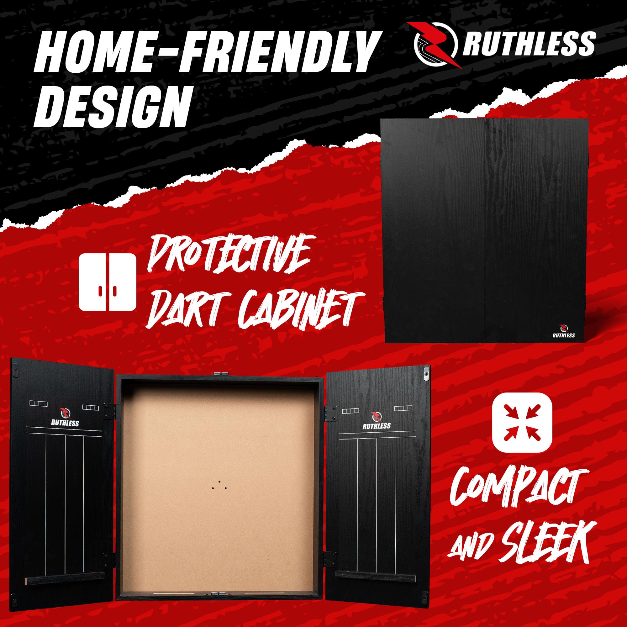 Ruthless Home Darts Centre With or Without LED Light Options | Home Dart Board Centre Including Cabinet, Dartboard and 2 Sets of Darts (USB)