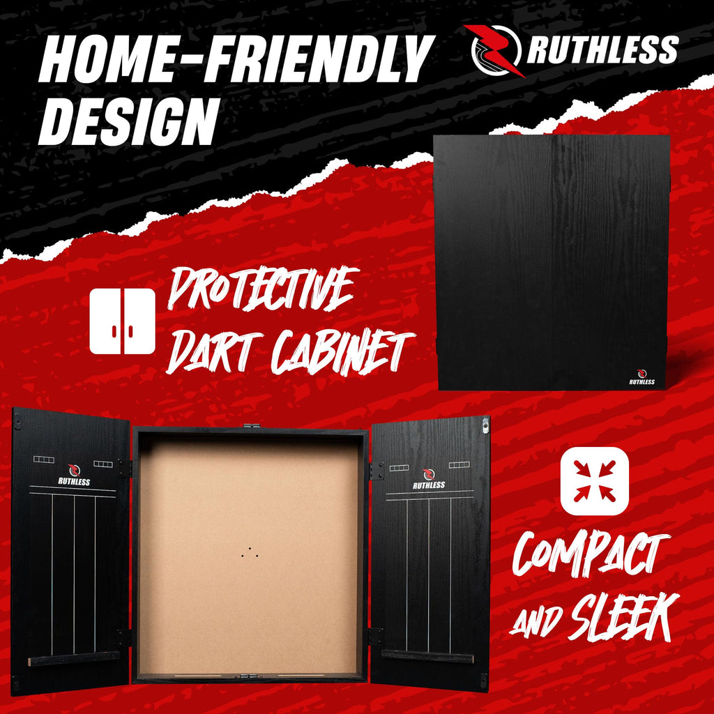 Ruthless Home Darts Centre With or Without LED Light Options | Home Dart Board Centre Including Cabinet, Dartboard and 2 Sets of Darts (USB)