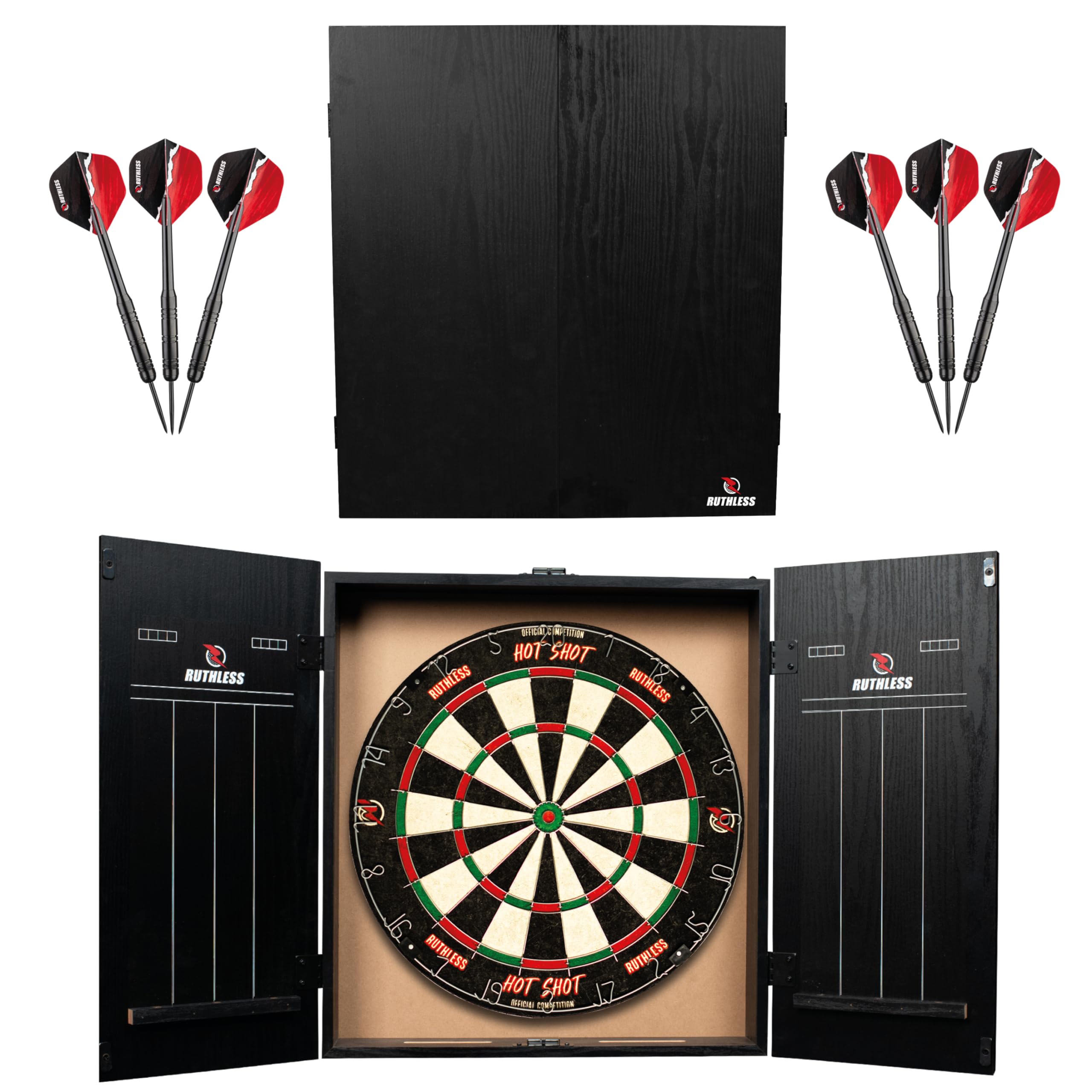 Ruthless Home Darts Centre With or Without LED Light Options | Home Dart Board Centre Including Cabinet, Dartboard and 2 Sets of Darts (USB)