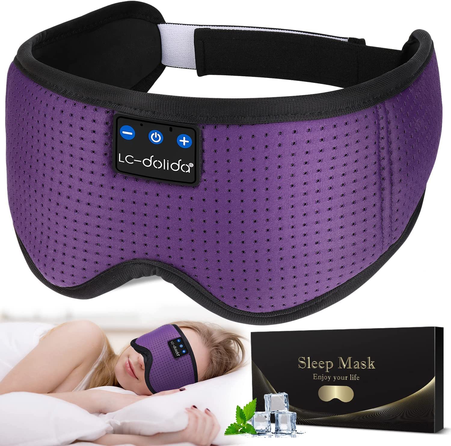 LC-dolida Bluetooth Sleep Mask Headphones Complete Blackout 3D Deep Eye Mask with Headphones Bluetooth V5.4 Can Play 15Hrs Breathable Eye mask with Earphones for Travel,Nap Sleeping,Shift Work