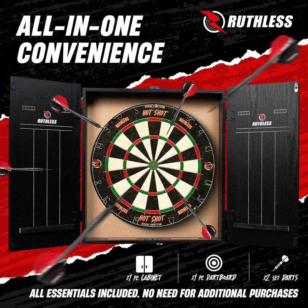 Ruthless Home Darts Centre With or Without LED Light Options | Home Dart Board Centre Including Cabinet, Dartboard and 2 Sets of Darts (USB)
