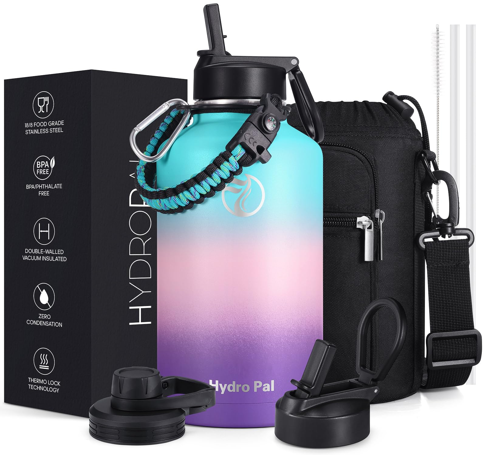 HydroPal Vacuum Insulated Water Bottle 1200ml/1000ml/750ml/500ml, 2 Lids (Straw & Spout), 12H Hot 24H Cold, BPA Free Stainless Steel Bottle, Leakproof Sports Water Bottle for Gym, Travel, Work