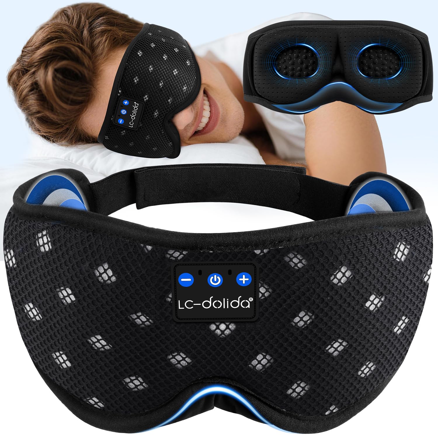 LC-dolida Bluetooth Sleep Mask Headphones Complete Blackout 3D Deep Eye Mask with Headphones Bluetooth V5.4 Can Play 15Hrs Breathable Eye mask with Earphones for Travel,Nap Sleeping,Shift Work